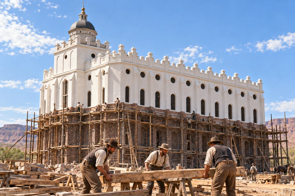 Craftsmen work beside timber scaffolding around the St. George Temple during its construction.