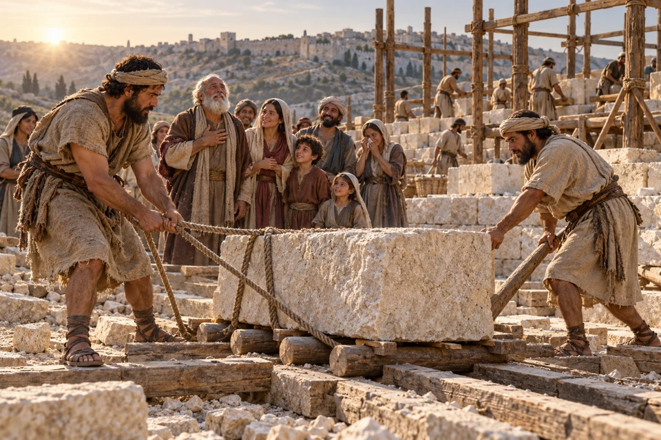 Two workers position a foundation stone while younger and older people gather nearby.