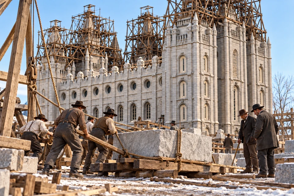 Workers guide a granite block beside the scaffolded Salt Lake Temple during its construction.