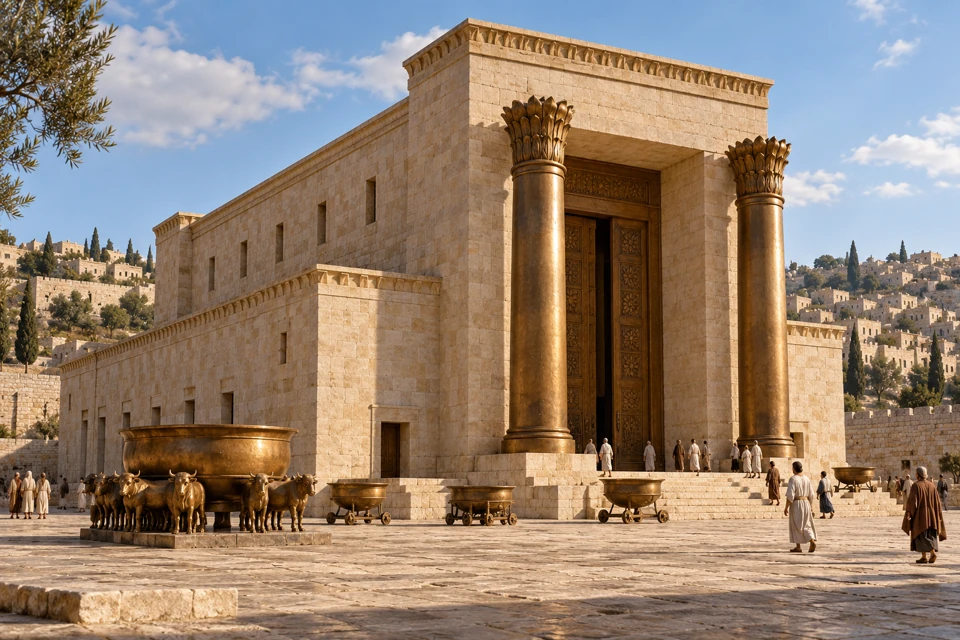 Two bronze pillars frame the entrance of an ancient temple above a stone courtyard.