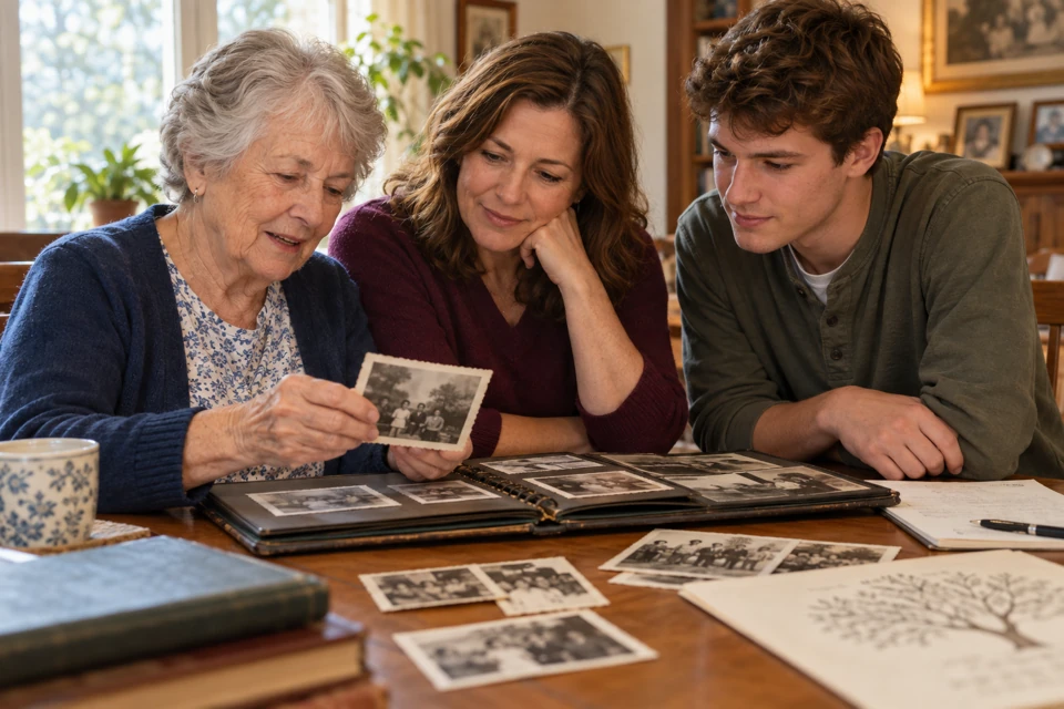 A family studies old photographs and family records together at a table.