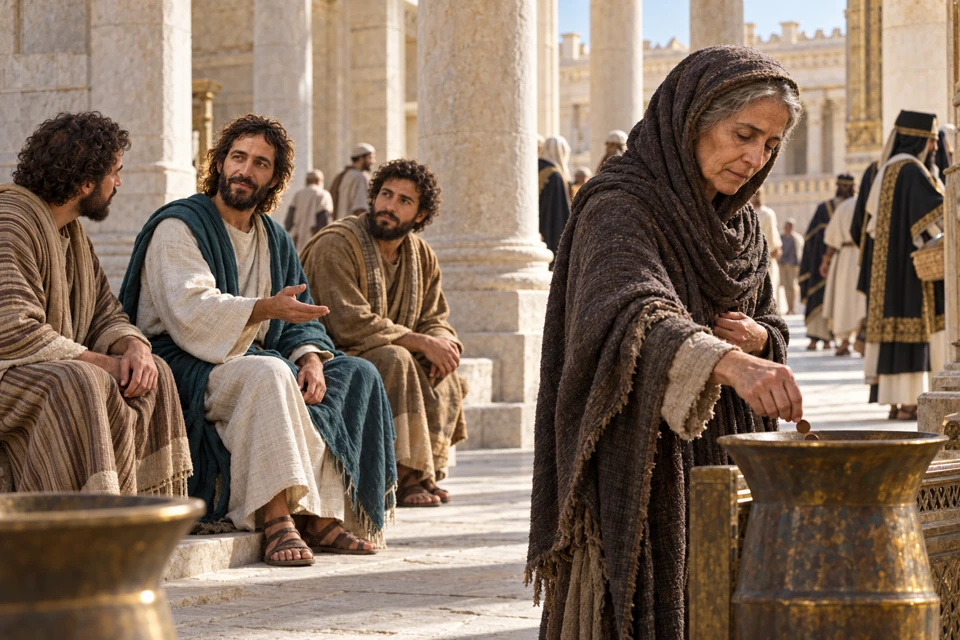 A widow places two small coins into the temple treasury while Jesus watches from nearby.