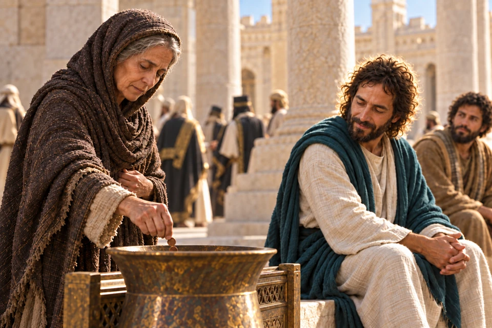 Jesus turns His head and eyes toward the widow as she places her coins in the temple treasury.
