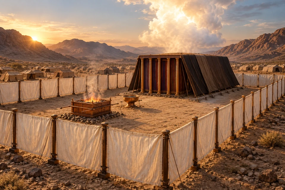 A tent sanctuary stands inside a linen courtyard in the wilderness beneath a cloud.