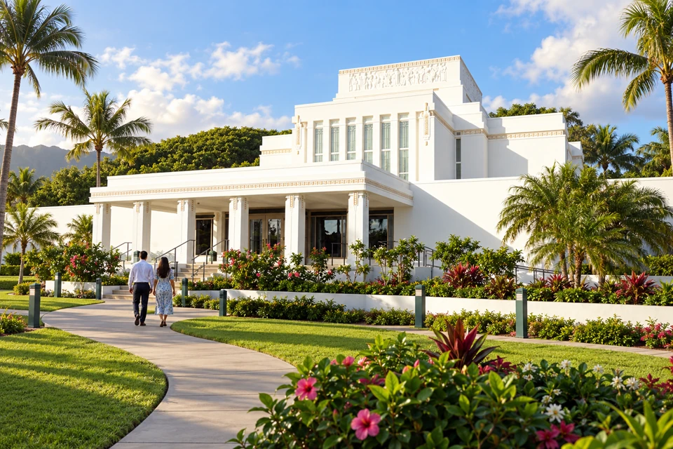 The Laie Hawaii Temple stands among palms and tropical greenery with visitors on its grounds.