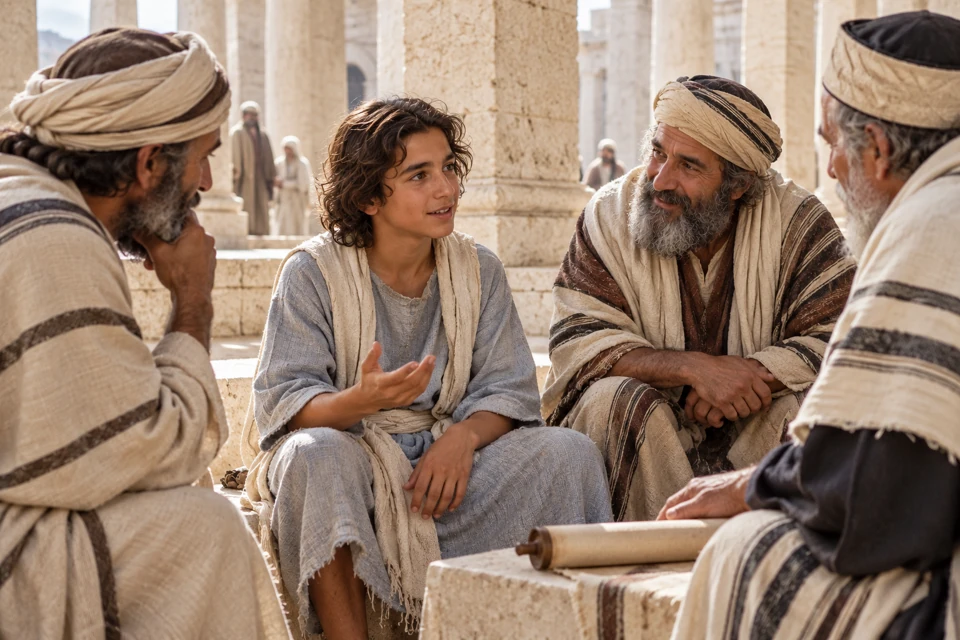 Twelve-year-old Jesus listens and speaks with adult teachers in a temple courtyard.