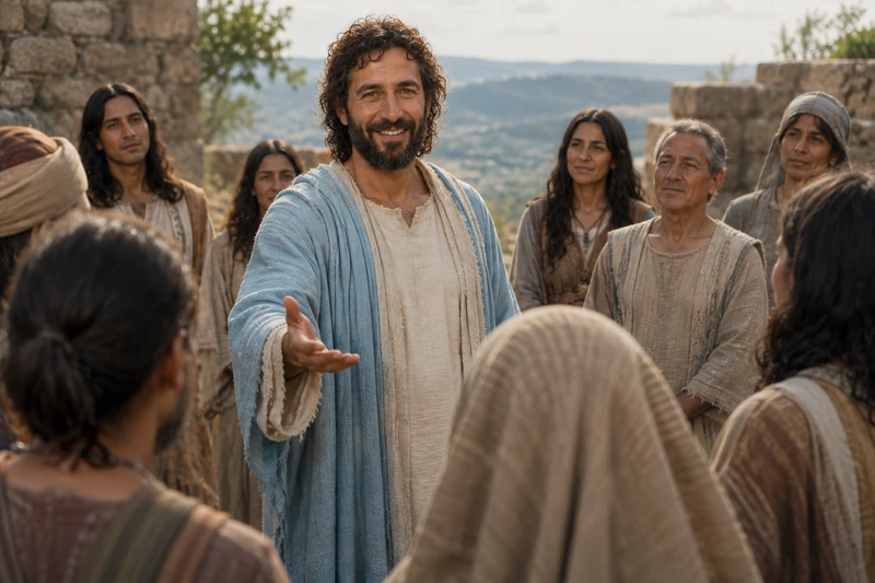 The risen Jesus Christ extending an invitation to a group of people