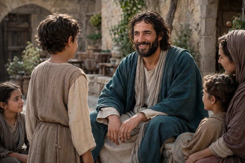 Jesus Christ in a petrol-teal robe listening warmly to children in a village courtyard