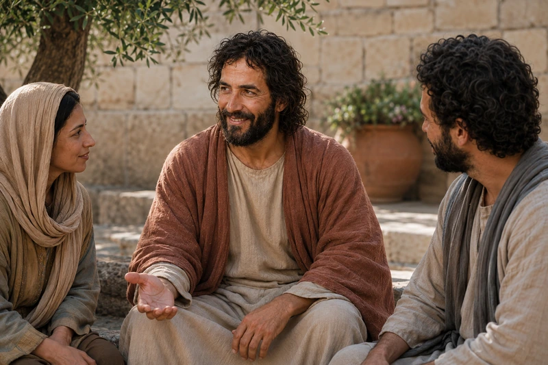 Jesus Christ seated with two attentive disciples