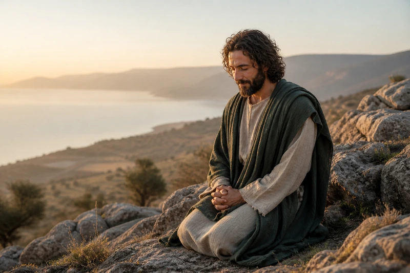 Jesus Christ kneeling in quiet prayer on a hillside