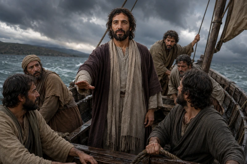 Jesus Christ with disciples in a boat on choppy water