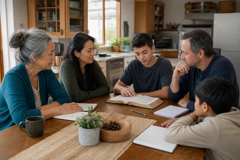A multigenerational family listening to a teenager during a shared reading