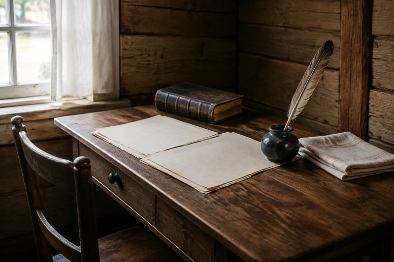 A nineteenth-century writing desk with paper, quill and a closed book
