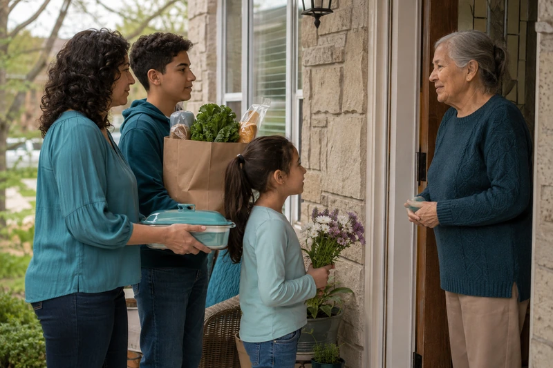 A family bringing a covered meal and groceries to an older neighbor