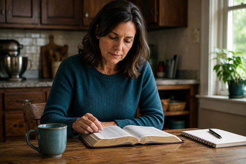 A woman reading at a table beside an open notebook in a quiet room