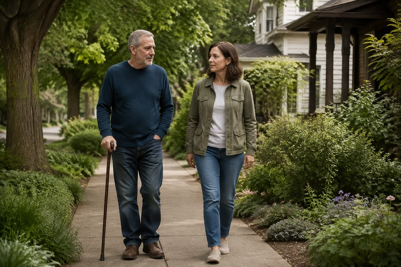 Two adults walking together outdoors, one using a cane