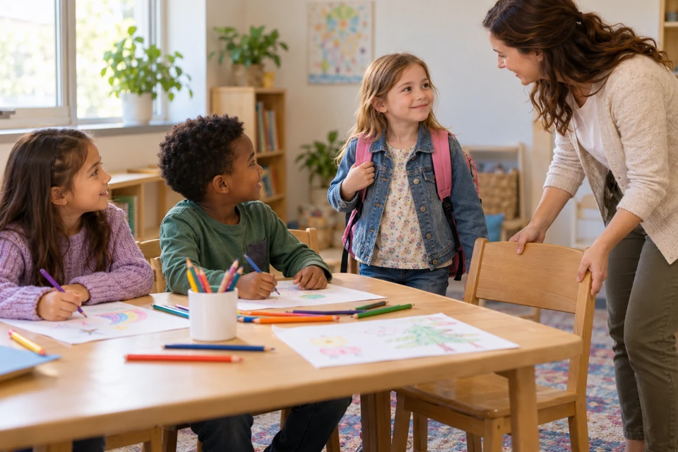 A woman pulls out a chair for a child joining two children at a drawing table.