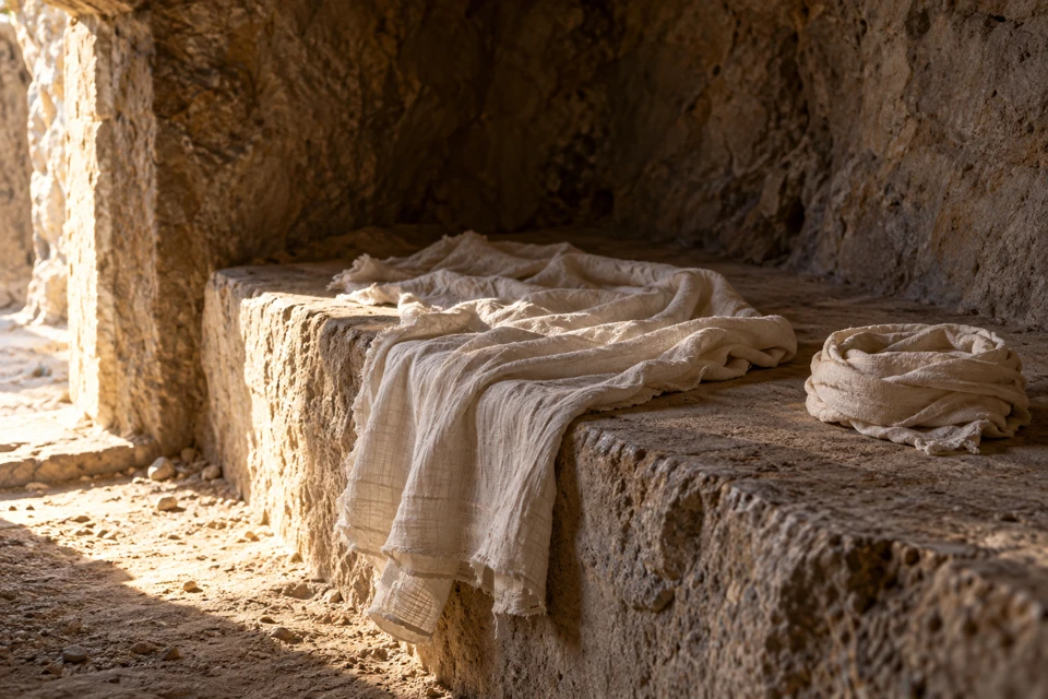 Linen cloths lie on a stone burial bench, with a separate head cloth beside them.