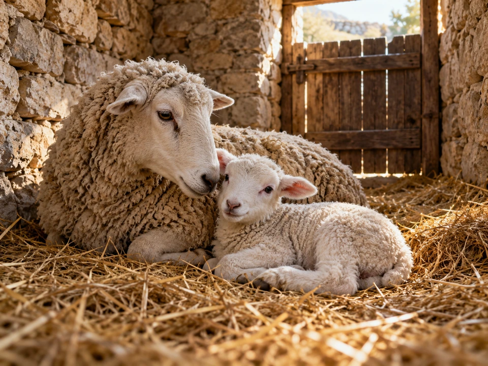 A lamb resting safely beside a ewe inside a stone sheepfold