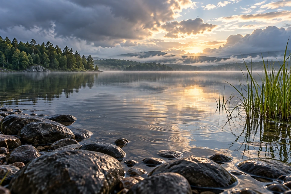 A quiet lakeshore with wet stones, reeds and fading ripples beneath clearing clouds