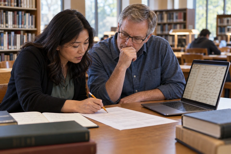 Two researchers comparing a digitized manuscript with a printed transcription