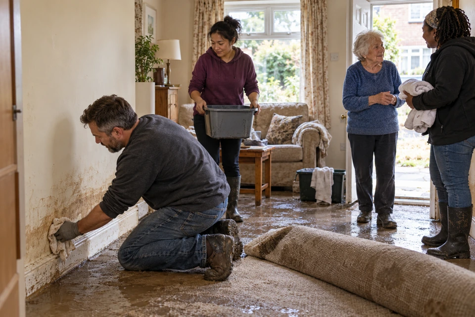 Neighbors helping clean a room after a flood