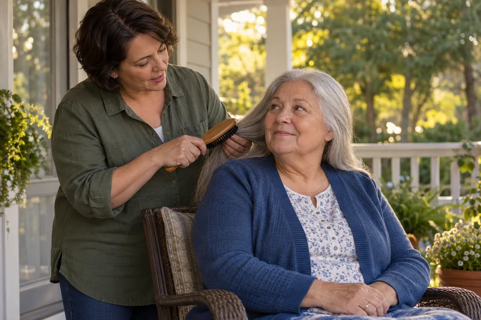 An older woman talks with her friend, who gently brushes her silver hair on a shaded porch.