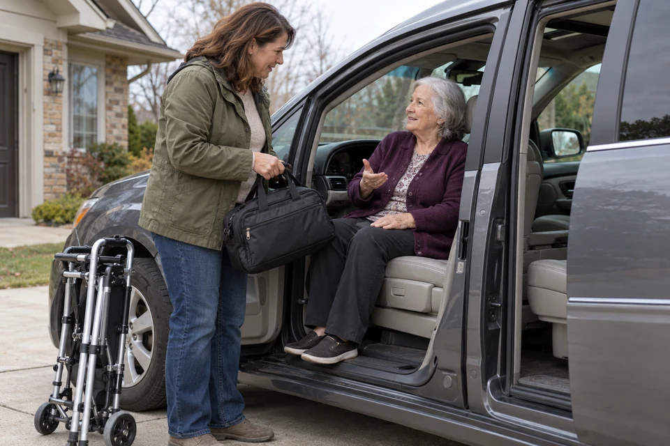 An older traveler speaks with a companion holding her bag beside a parked van, with a folded walker nearby.
