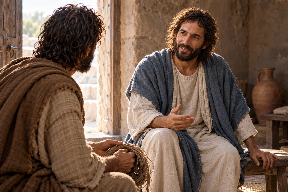 Jesus speaks with Peter inside a modest Capernaum house as Peter holds a coiled fishing line.
