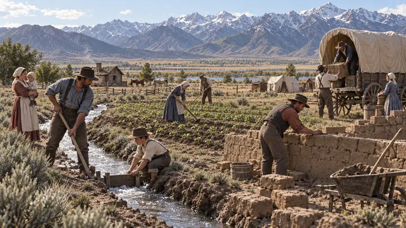 Distinct pioneer workers building homes and community structures in the Salt Lake Valley