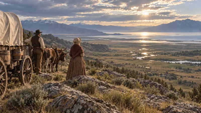 A pioneer husband and wife overlooking the Salt Lake Valley beside their wagon and oxen