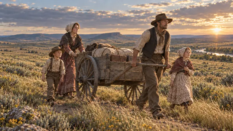 A pioneer family pulling and guiding a loaded handcart across the plains