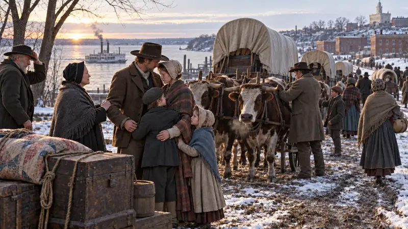 A pioneer family leaving Nauvoo with a covered wagon in winter