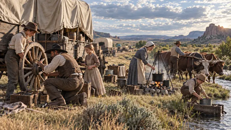 Pioneers repairing a wagon, preparing food, and tending oxen beside a stream