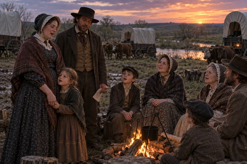 Pioneer adults and children sing together beside a small fire and covered wagons at dusk.