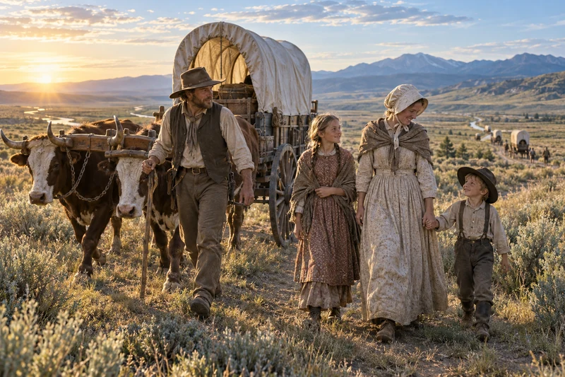 An anonymous pioneer family walks beside oxen and a covered wagon on a sunlit western trail.