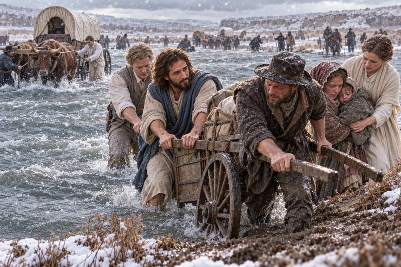 Christ and heavenly helpers assist struggling pioneers and a handcart out of a freezing river, with an ox-drawn wagon behind them.