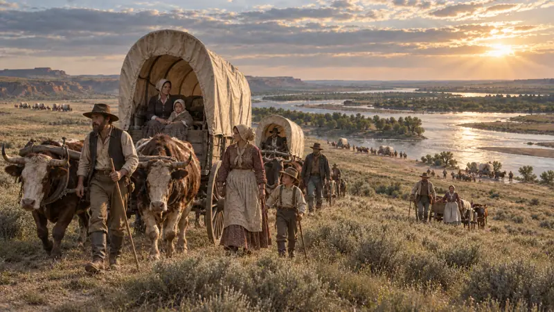 Separate groups of pioneer wagons traveling west beside the Platte River