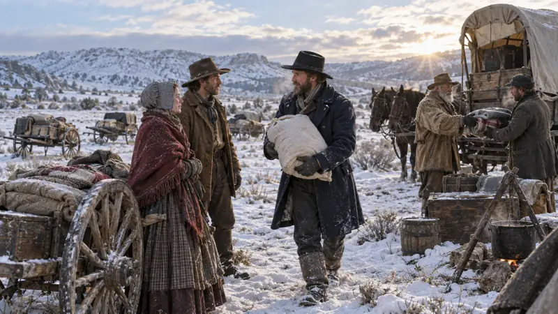 Rescuers distributing flour and blankets to handcart pioneers after an early snowfall