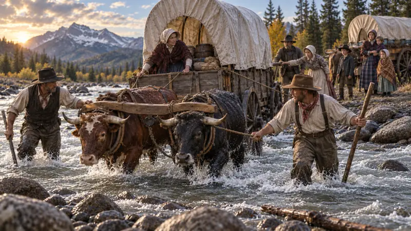 Pioneers guiding an ox-drawn covered wagon through a rocky river