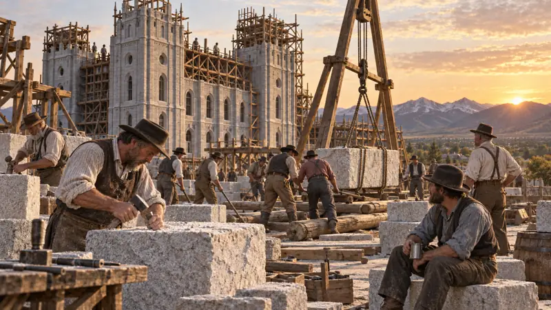Distinct nineteenth-century workers constructing the Salt Lake Temple