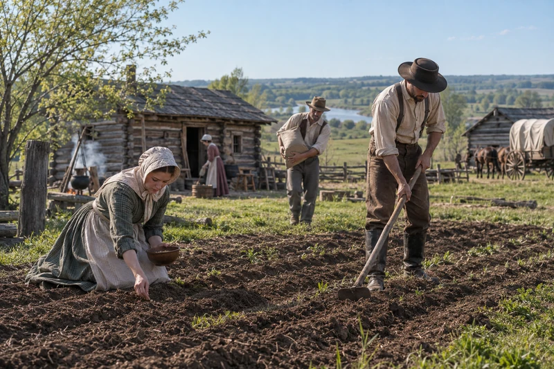 A woman plants seeds while other pioneers prepare an Iowa way station.