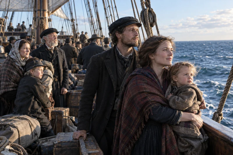 British emigrant families stand on the deck of a nineteenth-century sailing ship.