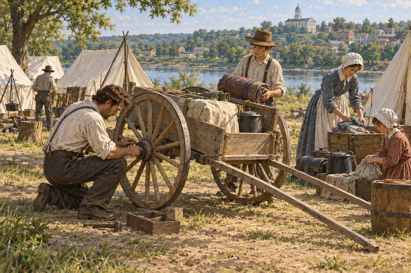 A carpenter fits a wooden wheel to a handcart beside travelers’ bundles.