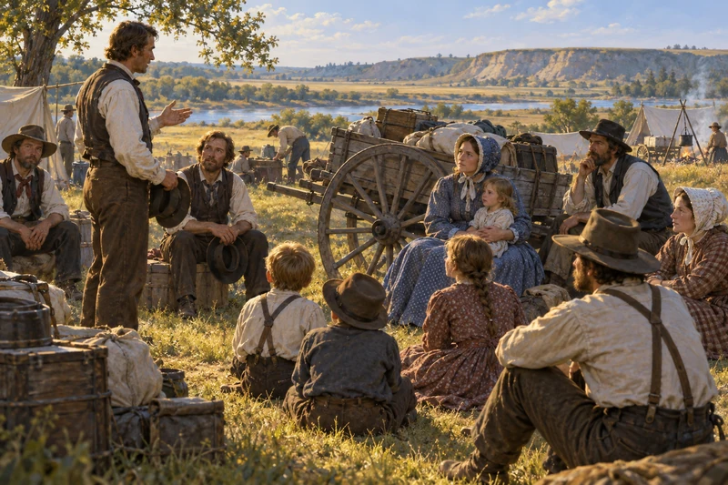 Emigrant families gather for a discussion beside their handcarts in late summer.