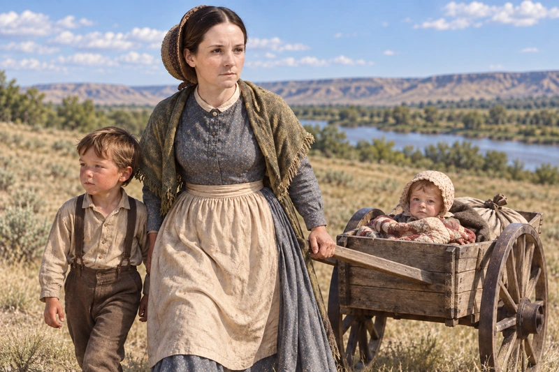 Elizabeth Crook Panting walks with young Christopher and one-year-old Jane in a handcart.