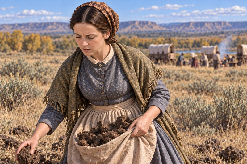 Elizabeth gathers buffalo chips for fuel on the prairie, holding them in her apron.