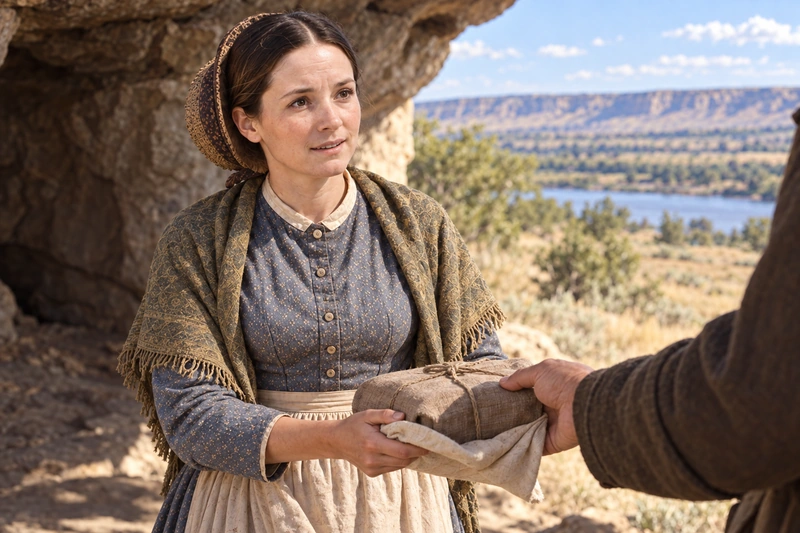 Elizabeth receives a parcel of food from an unidentified traveler at a cave entrance.