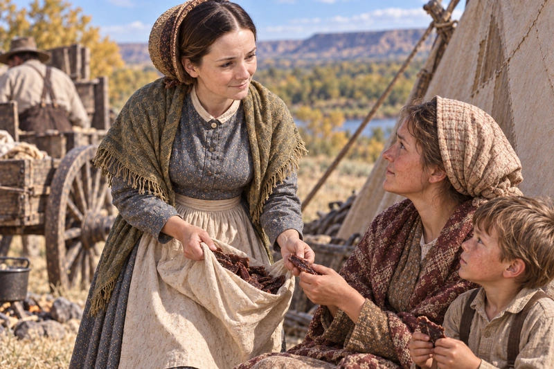 Elizabeth shares dried buffalo meat from her apron with hungry people in camp.
