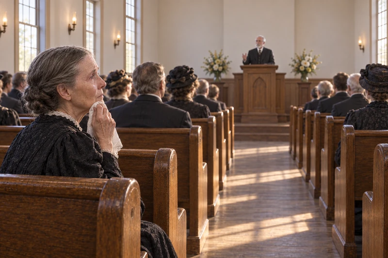 An elderly Jane Panting Bell listens with tears as an older man speaks in a church meeting.